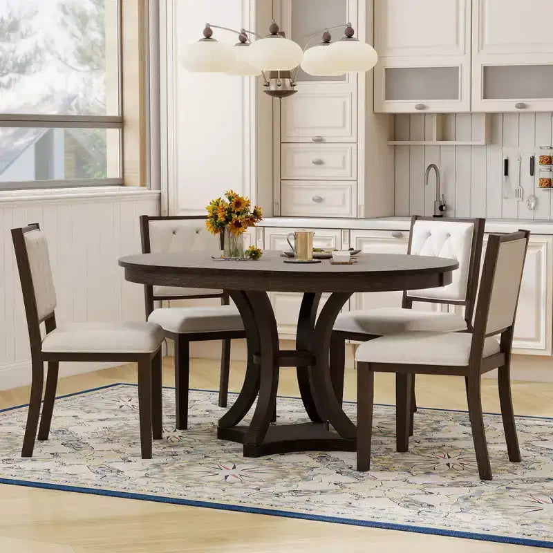 Round Extendable Dining Table Set for 4, 5 Piece Retro Functional Wood Dining Table Set with 4 Upholstered Chairs for Kitchen