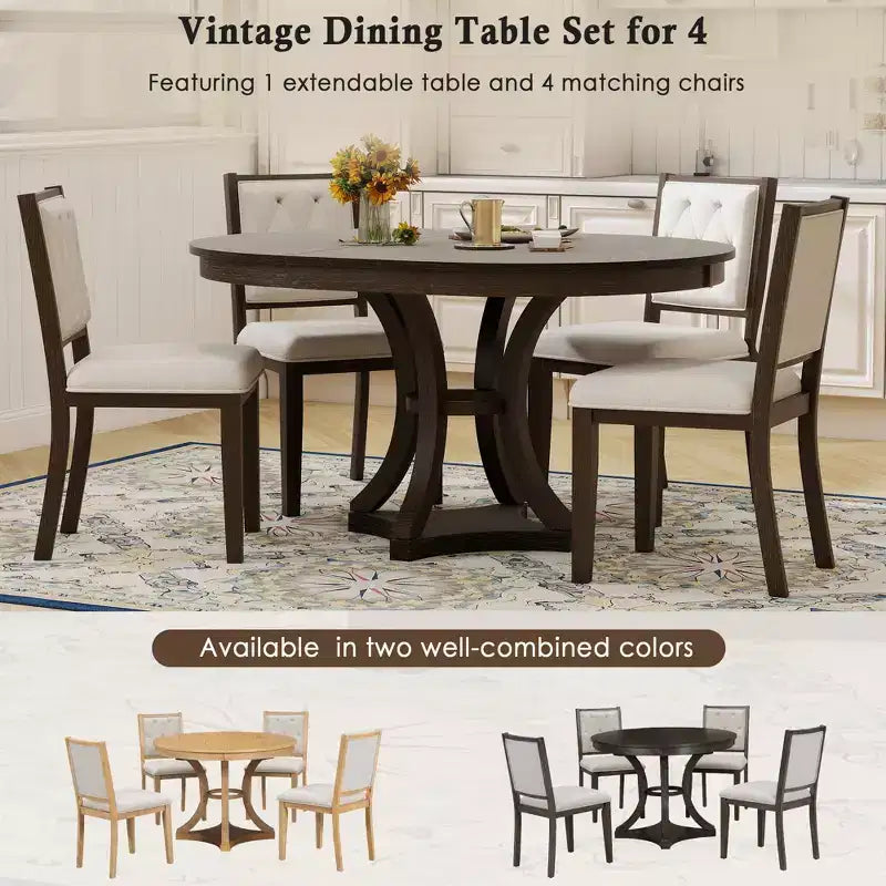 Round Extendable Dining Table Set for 4, 5 Piece Retro Functional Wood Dining Table Set with 4 Upholstered Chairs for Kitchen