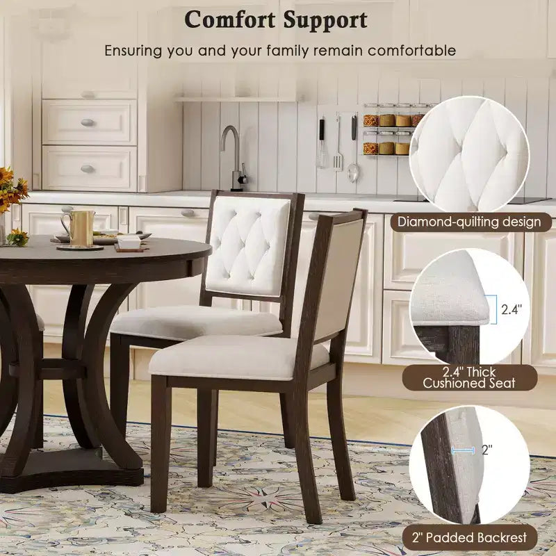 Round Extendable Dining Table Set for 4, 5 Piece Retro Functional Wood Dining Table Set with 4 Upholstered Chairs for Kitchen