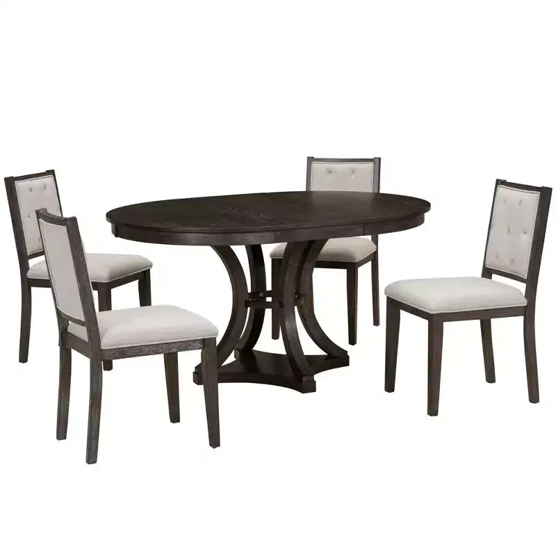 Round Extendable Dining Table Set for 4, 5 Piece Retro Functional Wood Dining Table Set with 4 Upholstered Chairs for Kitchen