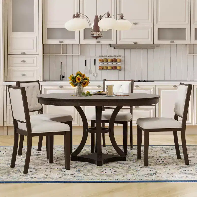 Round Extendable Dining Table Set for 4, 5 Piece Retro Functional Wood Dining Table Set with 4 Upholstered Chairs for Kitchen
