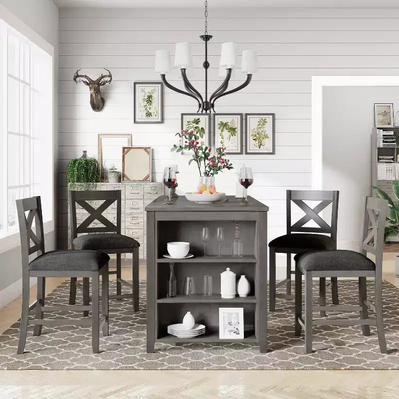 5 Pieces Counter Height Dining Table Set for 4, Rustic Farmhouse Wooden Bar Table Set with 4 Chairs for Dining Room