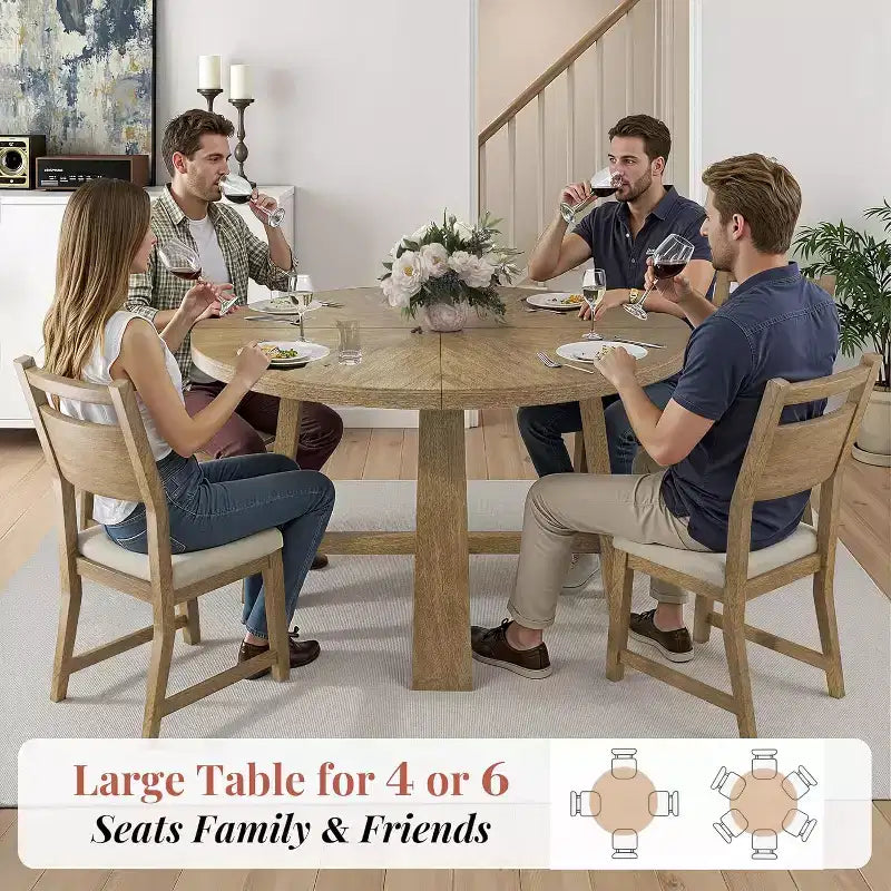 AMERLIFE Round Solid Wood Dining Table Set for 4, 5-Piece Mid-Century Dining Set with Padded Chairs, Space-Saving Design, Easy Assembly