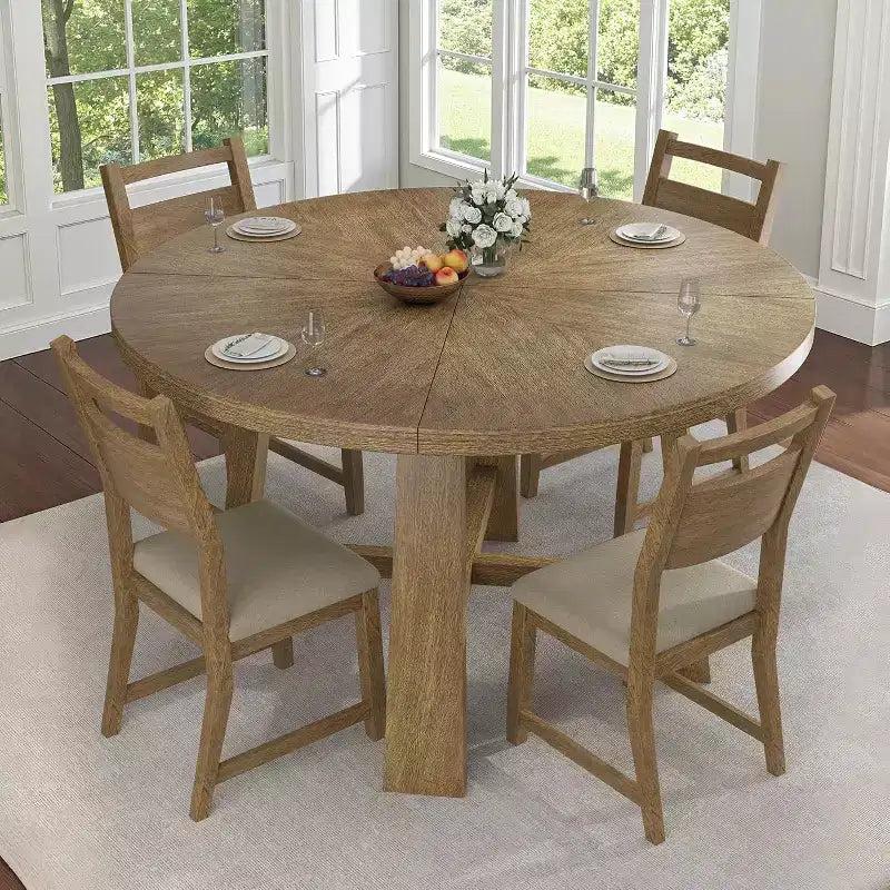 AMERLIFE Round Solid Wood Dining Table Set for 4, 5-Piece Mid-Century Dining Set with Padded Chairs, Space-Saving Design, Easy Assembly