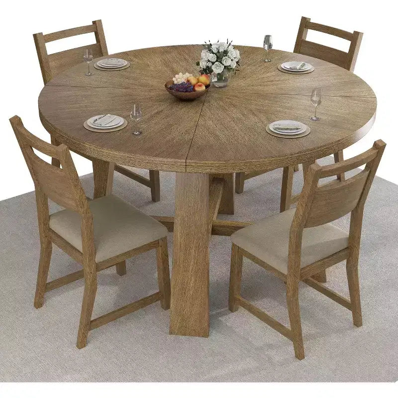 AMERLIFE Round Solid Wood Dining Table Set for 4, 5-Piece Mid-Century Dining Set with Padded Chairs, Space-Saving Design, Easy Assembly