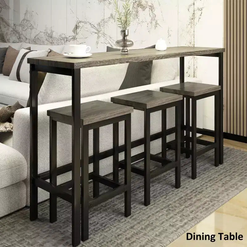 Counter Height Dining Table Set for 3, Metal Pub Kitchen Set Side Table with Footrest and 3 Stools