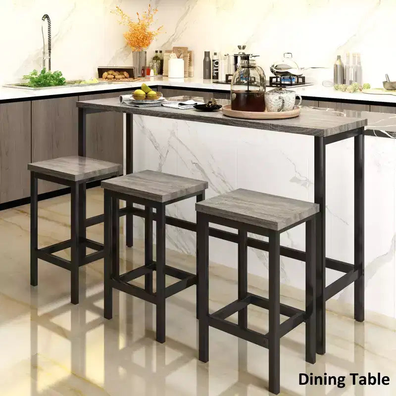 Counter Height Dining Table Set for 3, Metal Pub Kitchen Set Side Table with Footrest and 3 Stools