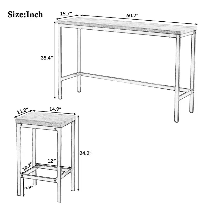 Counter Height Dining Table Set for 3, Metal Pub Kitchen Set Side Table with Footrest and 3 Stools