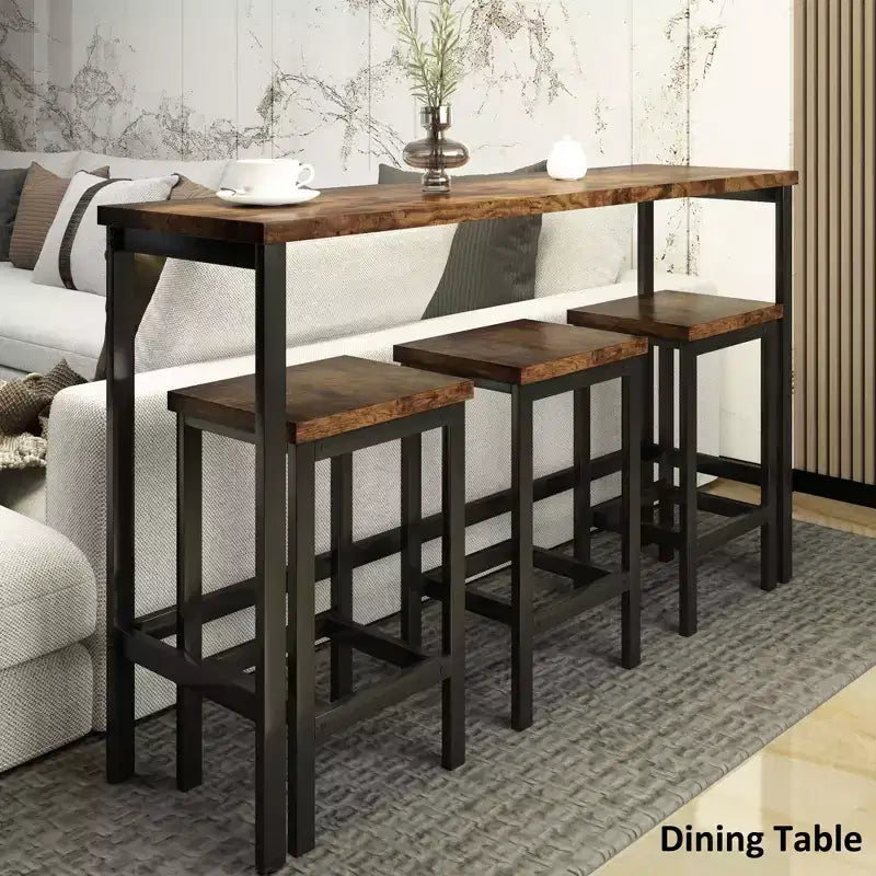 Counter Height Dining Table Set for 3, Metal Pub Kitchen Set Side Table with Footrest and 3 Stools