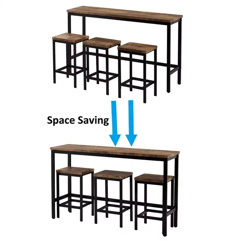 Counter Height Dining Table Set for 3, Metal Pub Kitchen Set Side Table with Footrest and 3 Stools