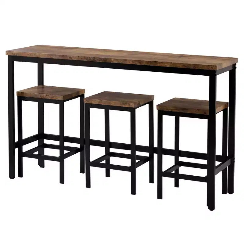Counter Height Dining Table Set for 3, Metal Pub Kitchen Set Side Table with Footrest and 3 Stools