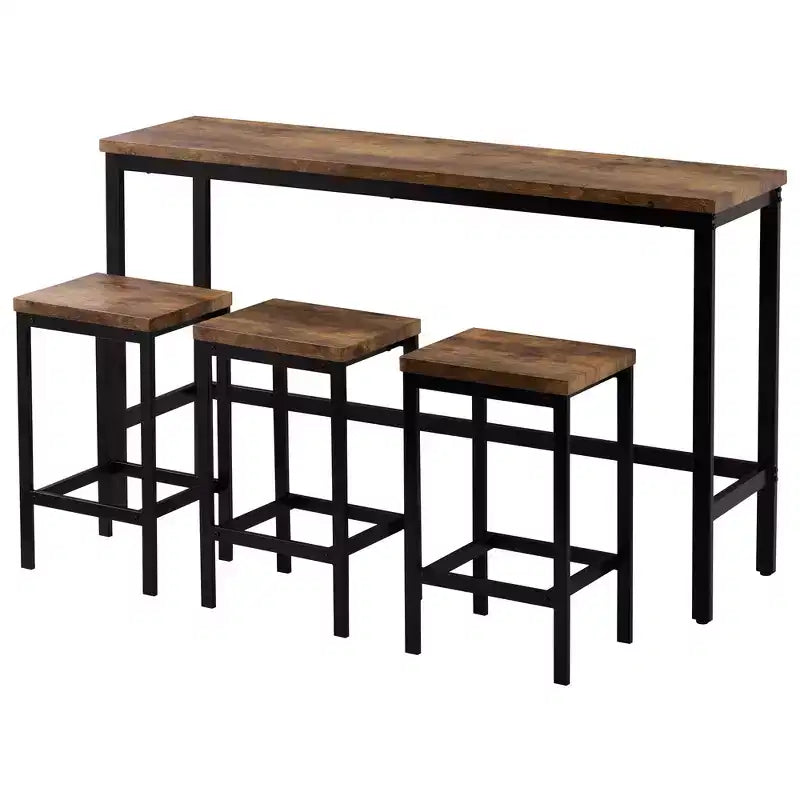 Counter Height Dining Table Set for 3, Metal Pub Kitchen Set Side Table with Footrest and 3 Stools
