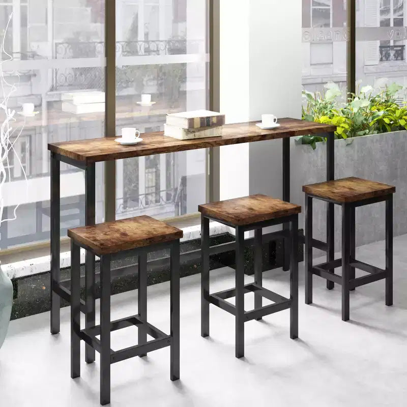 Counter Height Dining Table Set for 3, Metal Pub Kitchen Set Side Table with Footrest and 3 Stools