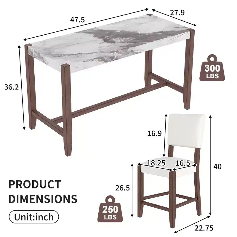 Marble Counter Height Dining Table Set, Bar Table Set with 2/4 Upholstered Chairs for Dining Room Pub Kitchen Small Place, beige brown