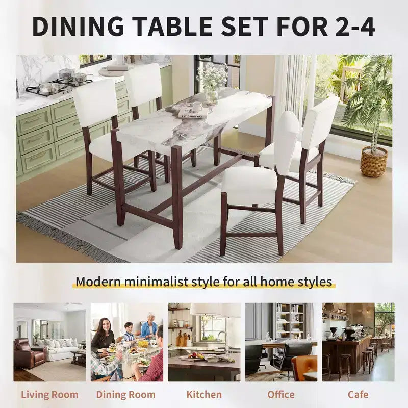 Marble Counter Height Dining Table Set, Bar Table Set with 2/4 Upholstered Chairs for Dining Room Pub Kitchen Small Place, beige brown