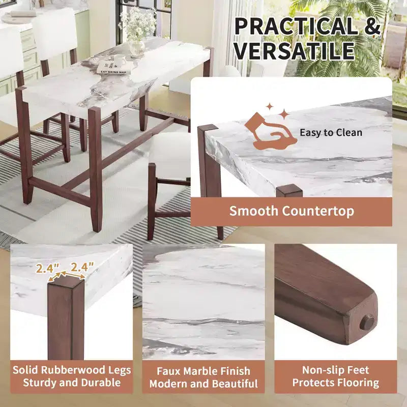 Marble Counter Height Dining Table Set, Bar Table Set with 2/4 Upholstered Chairs for Dining Room Pub Kitchen Small Place, beige brown