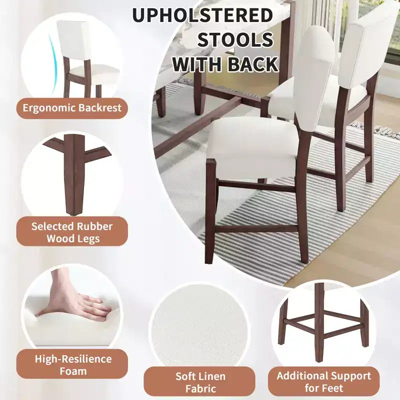 Marble Counter Height Dining Table Set, Bar Table Set with 2/4 Upholstered Chairs for Dining Room Pub Kitchen Small Place, beige brown