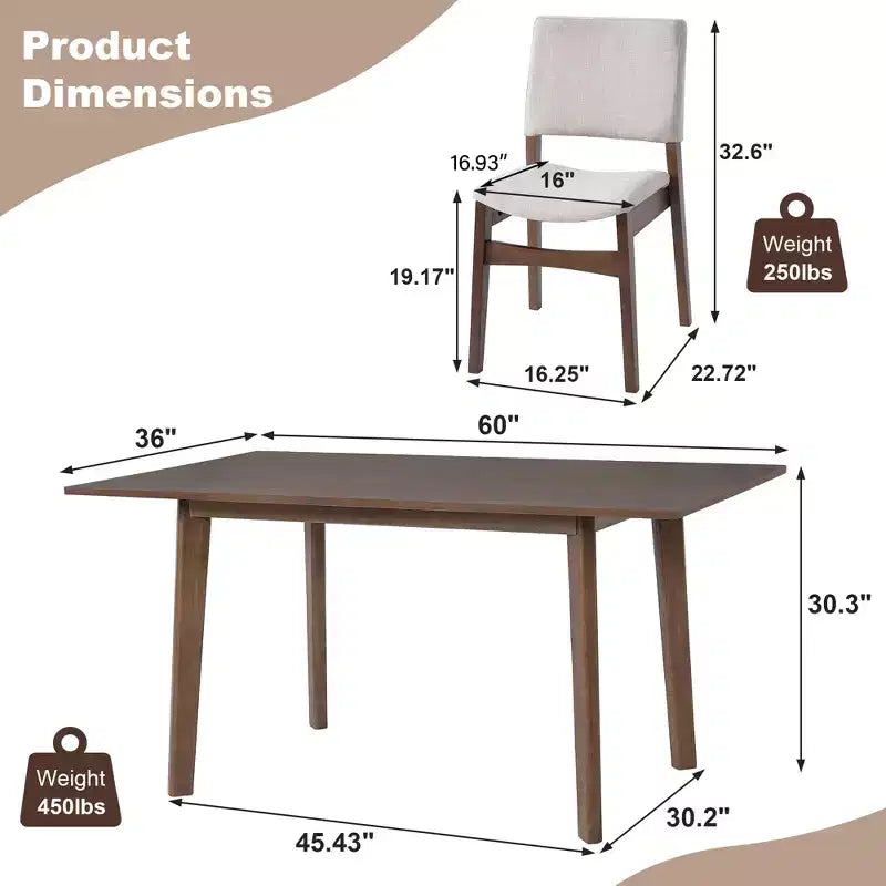 Polibi Modern 5-Piece Dining Set with Solid Wood Table & 4 Upholstered Linen Chairs