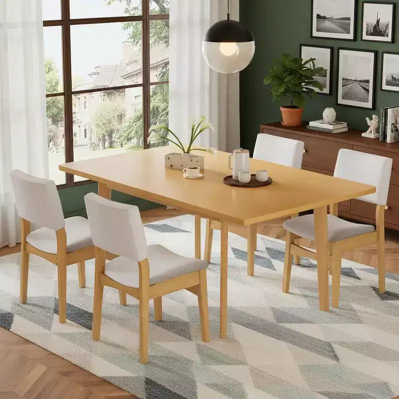 Polibi Modern 5-Piece Dining Set with Solid Wood Table & 4 Upholstered Linen Chairs
