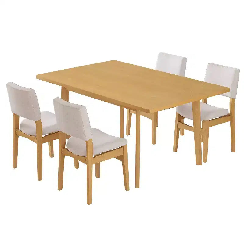 Polibi Modern 5-Piece Dining Set with Solid Wood Table & 4 Upholstered Linen Chairs