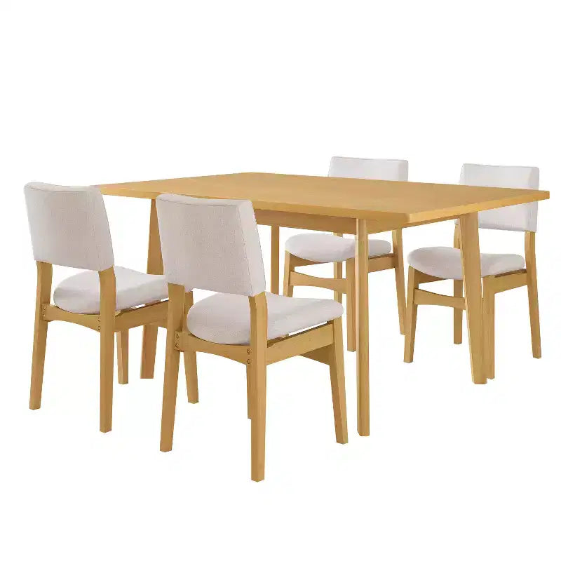 Polibi Modern 5-Piece Dining Set with Solid Wood Table & 4 Upholstered Linen Chairs