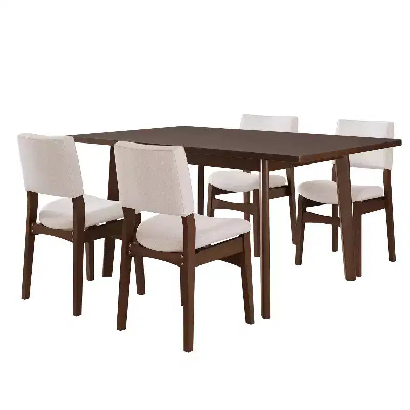 Polibi Modern 5-Piece Dining Set with Solid Wood Table & 4 Upholstered Linen Chairs