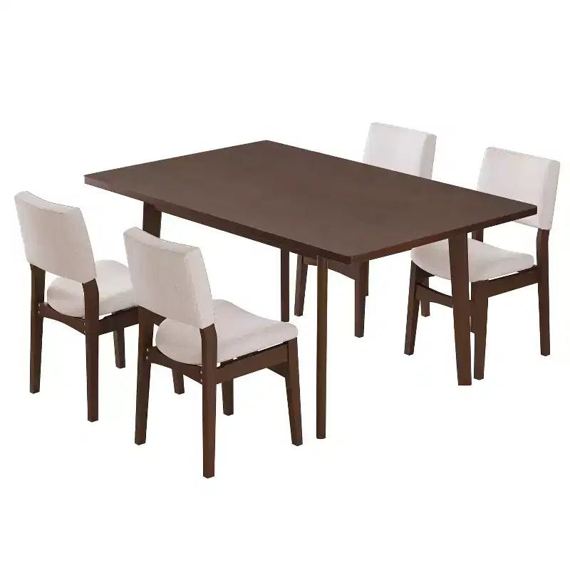 Polibi Modern 5-Piece Dining Set with Solid Wood Table & 4 Upholstered Linen Chairs