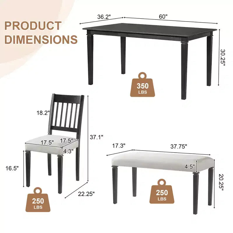 GDFStudio Griffin 6 Piece Retro Dining Set with Wooden Rectangular Table and 4 Chairs with Bench