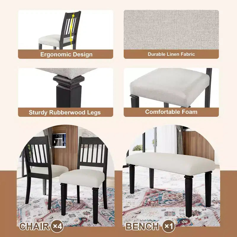 GDFStudio Griffin 6 Piece Retro Dining Set with Wooden Rectangular Table and 4 Chairs with Bench