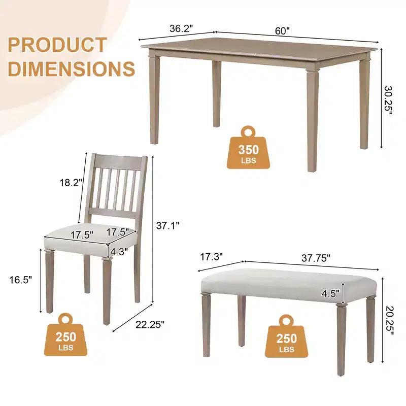 GDFStudio Griffin 6 Piece Retro Dining Set with Wooden Rectangular Table and 4 Chairs with Bench