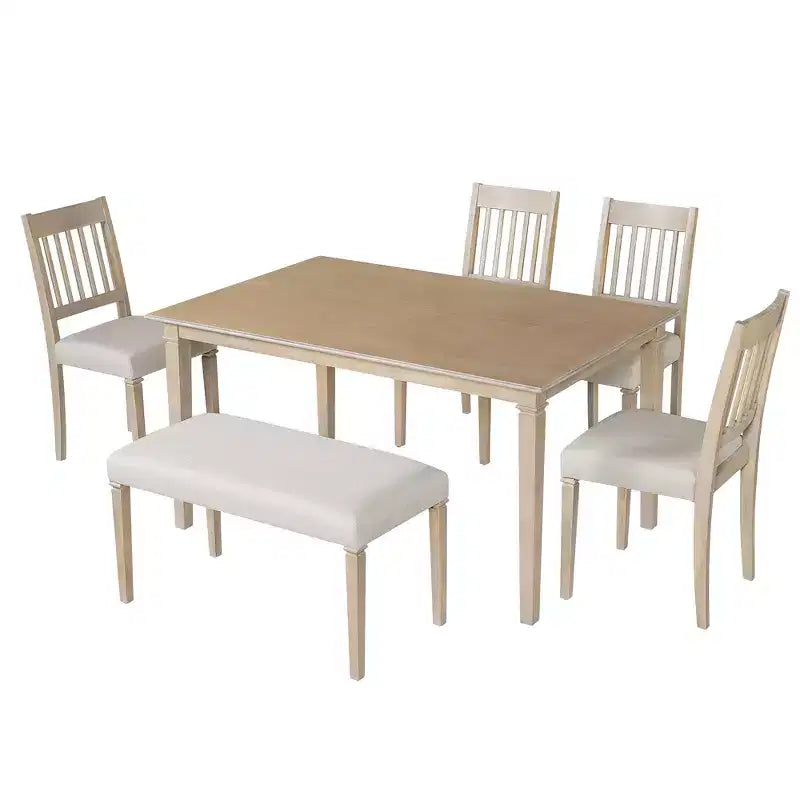 GDFStudio Griffin 6 Piece Retro Dining Set with Wooden Rectangular Table and 4 Chairs with Bench
