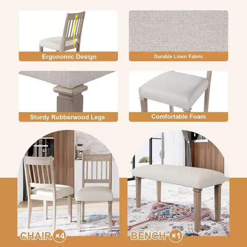 GDFStudio Griffin 6 Piece Retro Dining Set with Wooden Rectangular Table and 4 Chairs with Bench