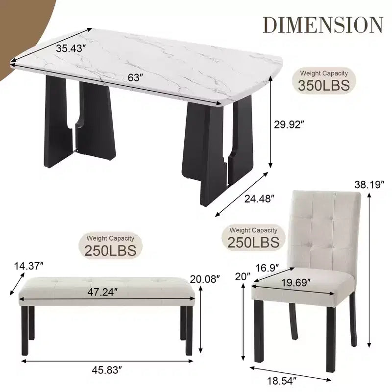 GDFStudio Griffin 6 Piece Modern Dining Table Set with 63 Faux Marble Table & 4 Chairs & 1 Bench
