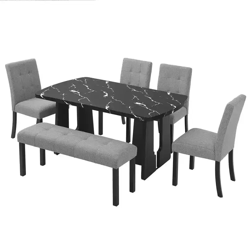 GDFStudio Griffin 6 Piece Modern Dining Table Set with 63 Faux Marble Table & 4 Chairs & 1 Bench