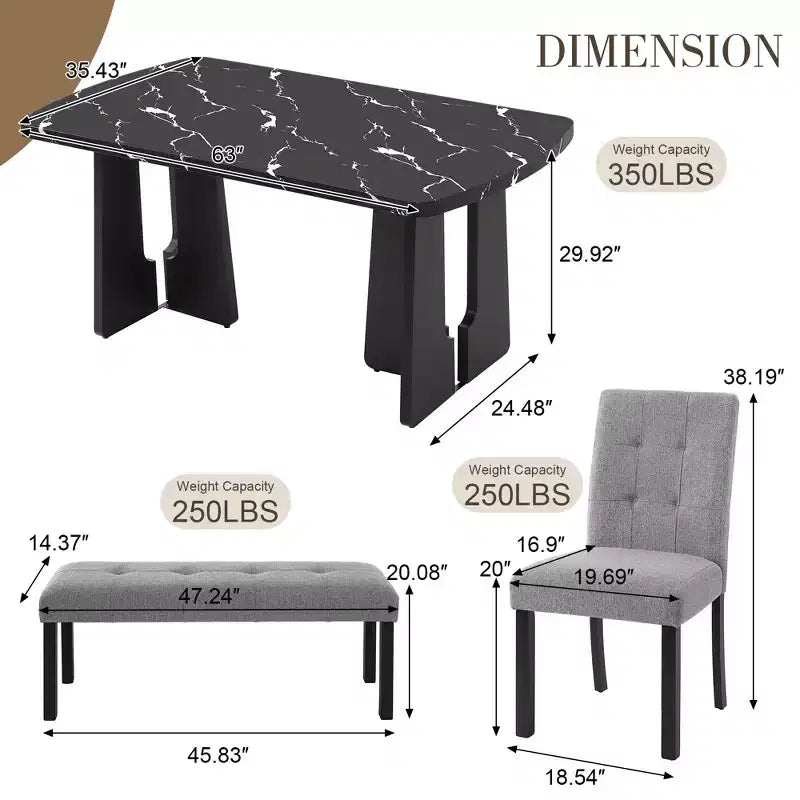 GDFStudio Griffin 6 Piece Modern Dining Table Set with 63 Faux Marble Table & 4 Chairs & 1 Bench