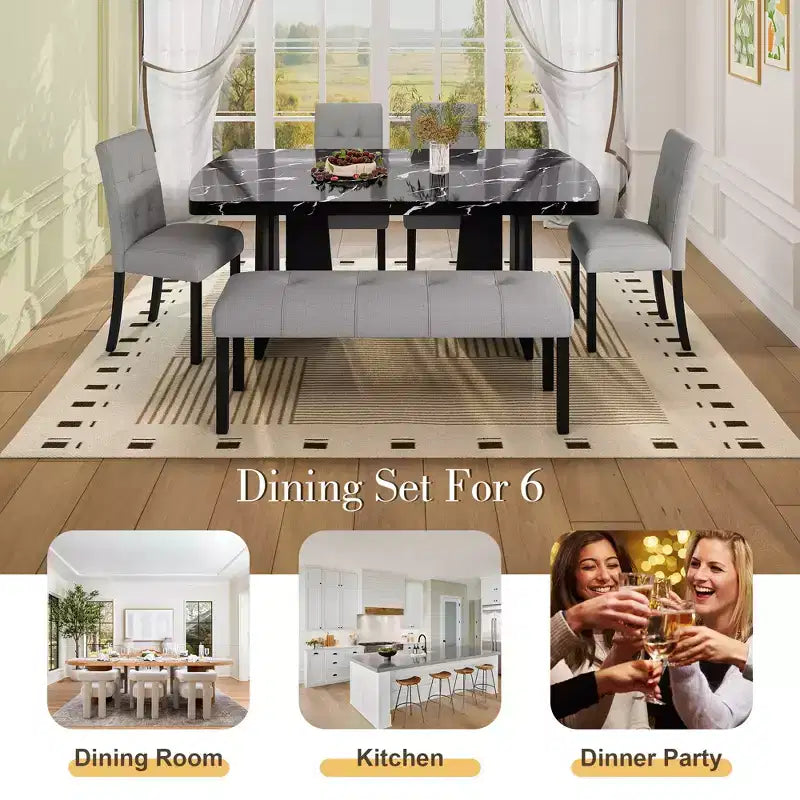 GDFStudio Griffin 6 Piece Modern Dining Table Set with 63 Faux Marble Table & 4 Chairs & 1 Bench