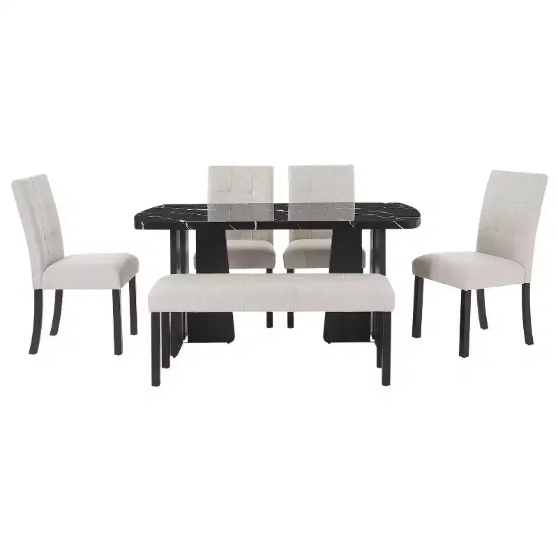 GDFStudio Griffin 6 Piece Modern Dining Table Set with 63 Faux Marble Table & 4 Chairs & 1 Bench