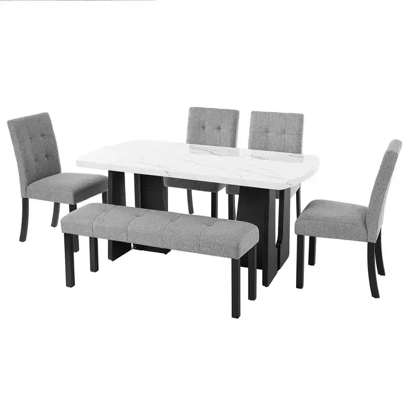 GDFStudio Griffin 6 Piece Modern Dining Table Set with 63 Faux Marble Table & 4 Chairs & 1 Bench