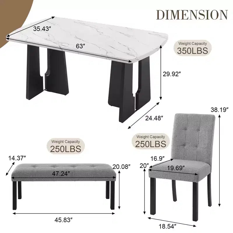 GDFStudio Griffin 6 Piece Modern Dining Table Set with 63 Faux Marble Table & 4 Chairs & 1 Bench