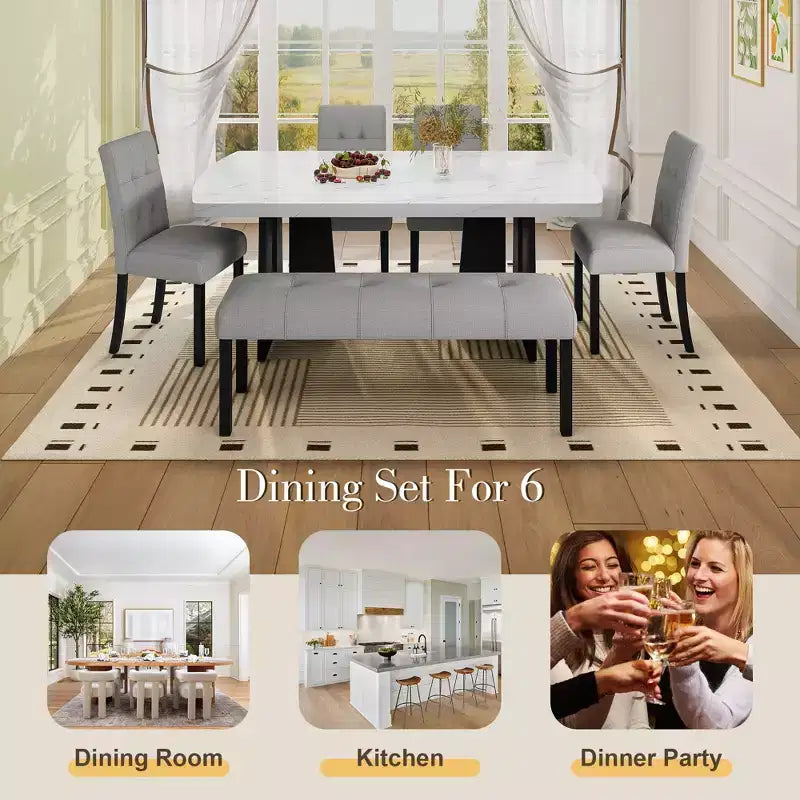 GDFStudio Griffin 6 Piece Modern Dining Table Set with 63 Faux Marble Table & 4 Chairs & 1 Bench