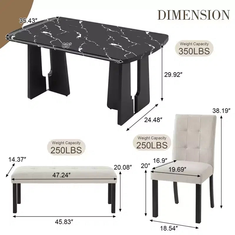 GDFStudio Griffin 6 Piece Modern Dining Table Set with 63 Faux Marble Table & 4 Chairs & 1 Bench