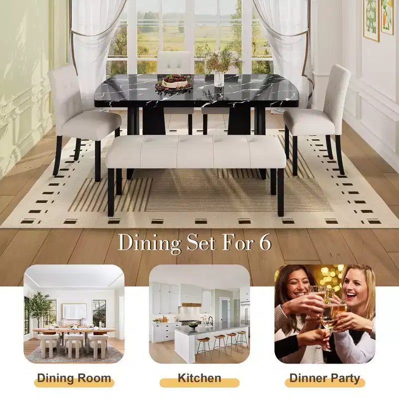 GDFStudio Griffin 6 Piece Modern Dining Table Set with 63 Faux Marble Table & 4 Chairs & 1 Bench