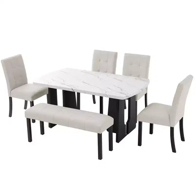 GDFStudio Griffin 6 Piece Modern Dining Table Set with 63 Faux Marble Table & 4 Chairs & 1 Bench