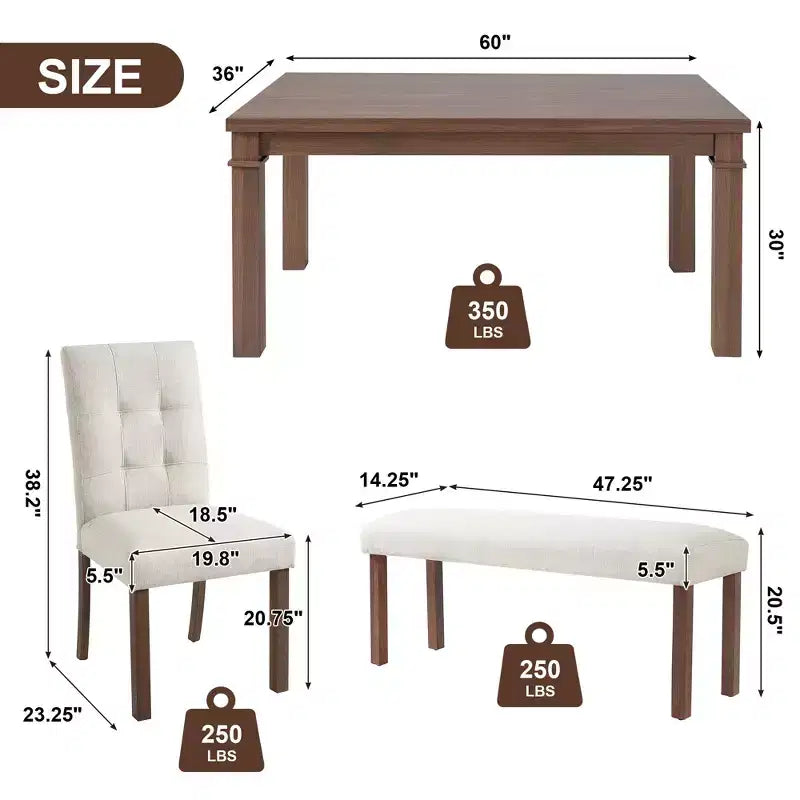 GDFStudio Jordan 6-Piece Modern Dining Set with Rectangle Table and 4 Upholstered Chairs & Bench