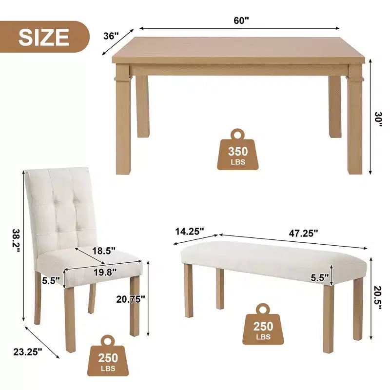 GDFStudio Jordan 6-Piece Modern Dining Set with Rectangle Table and 4 Upholstered Chairs & Bench