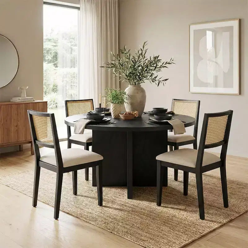 52 Round Dining Table Set with Sculptural-Pedestal Base, Cane-Back Chairs and Neutral-Upholstered Seats for Modern Homes-Panipeachy