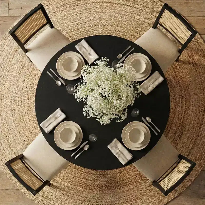 52 Round Dining Table Set with Sculptural-Pedestal Base, Cane-Back Chairs and Neutral-Upholstered Seats for Modern Homes-Panipeachy