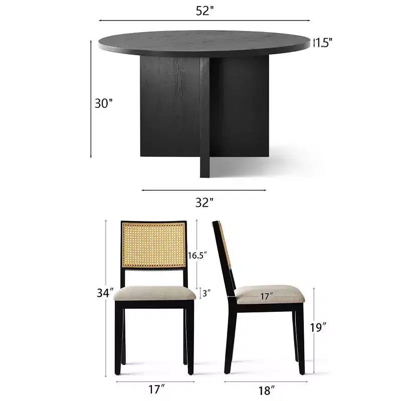 52 Round Dining Table Set with Sculptural-Pedestal Base, Cane-Back Chairs and Neutral-Upholstered Seats for Modern Homes-Panipeachy