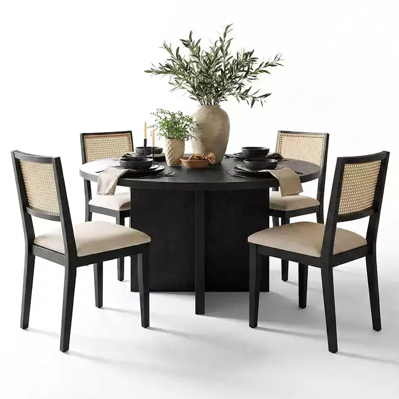 52 Round Dining Table Set with Sculptural-Pedestal Base, Cane-Back Chairs and Neutral-Upholstered Seats for Modern Homes-Panipeachy