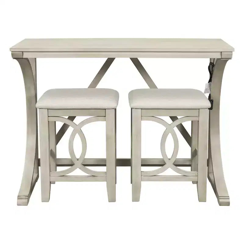 JVNOXK Farmhouse-Style 3-Piece Bar-Height Dining Table and Chair Set Features USB Ports and Padded Stools Ideal for Dining Rooms White